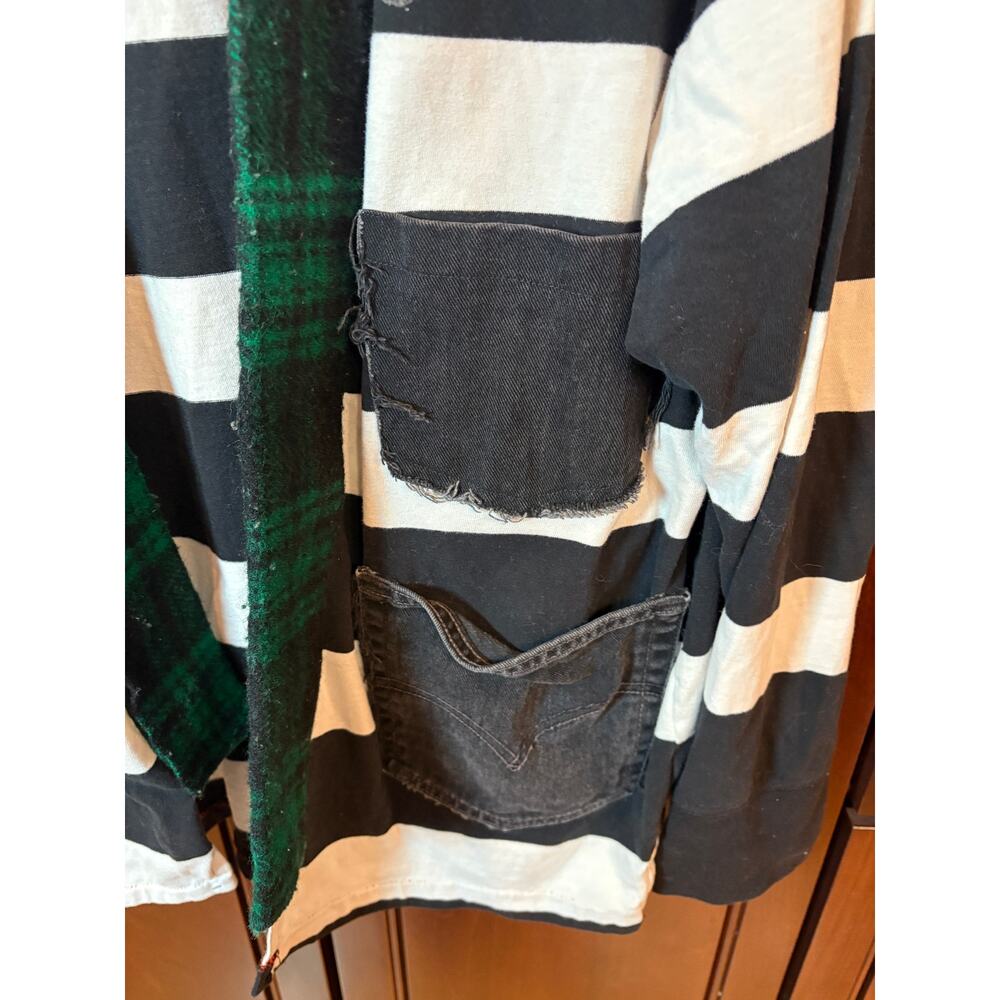 Sin Clarity Black & White Striped Shacket with Plaid Collar Upcycled - Picture 11 of 12